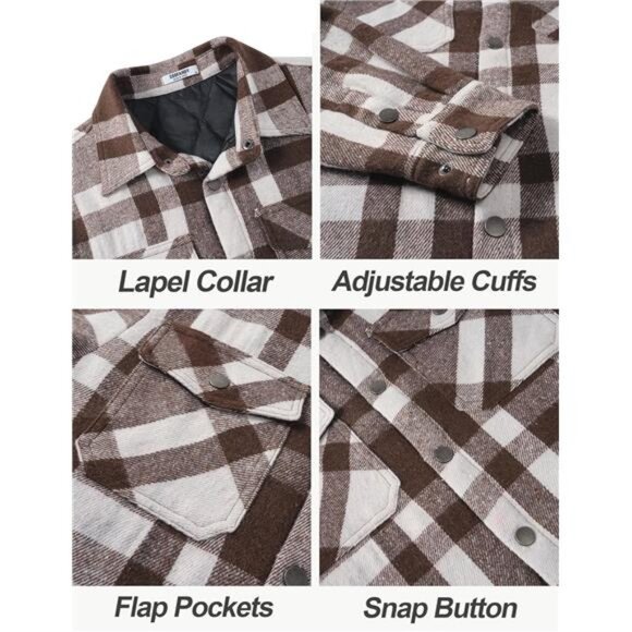 Men's Flannel Shirt Jacket Quilted Lined Plaid Jacket Long Sleeve Shacket - Picture 6 of 7